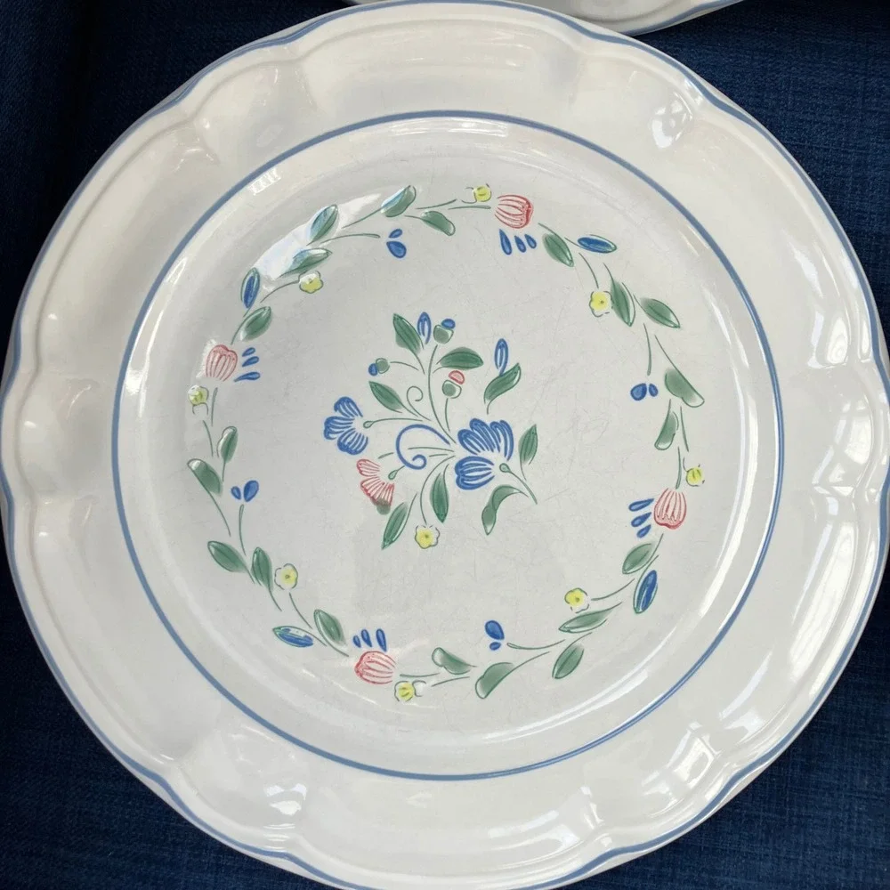Floral Expression Stoneware Dinner Plates Set of 5 Vintage Blue Floral Scalloped